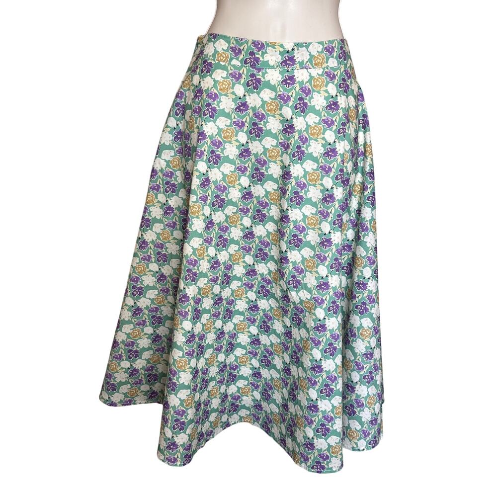 Unique Vintage Tulip B Green Floral Cotton A-line Swing Skirt M NWT